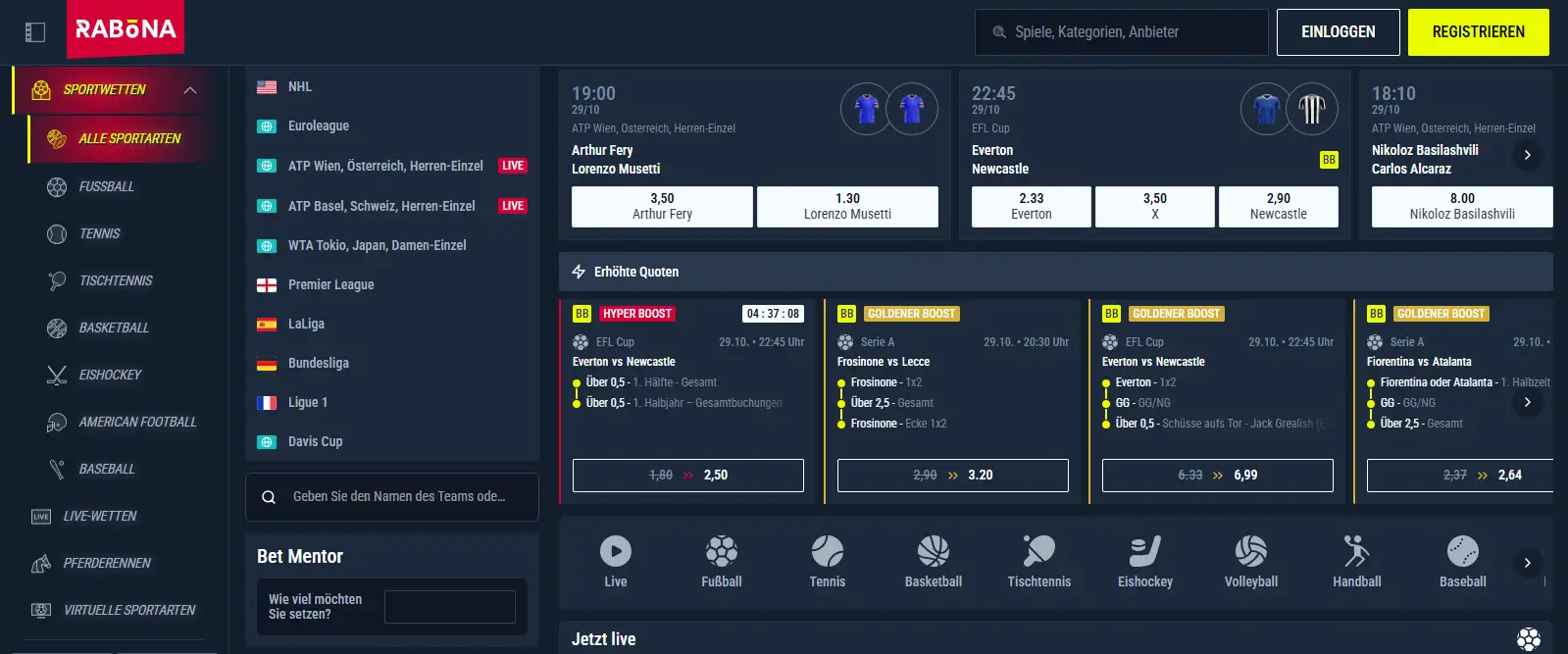 Sportwetten-Oberfläche mit Auswahl der Sportarten und Wettmärkte.