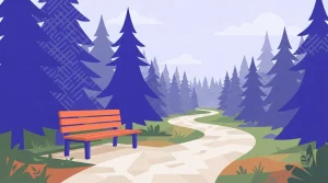 Holzbank an einem ruhigen Waldweg
