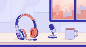 Headset und Arbeitsunterlagen auf einem Schreibtisch
