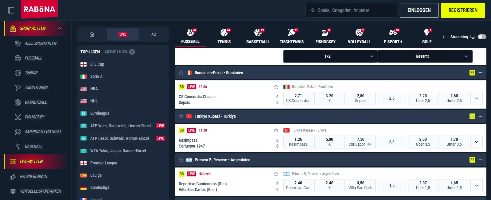 Live-Sportmärkte und Quoten auf einer Wettoberfläche