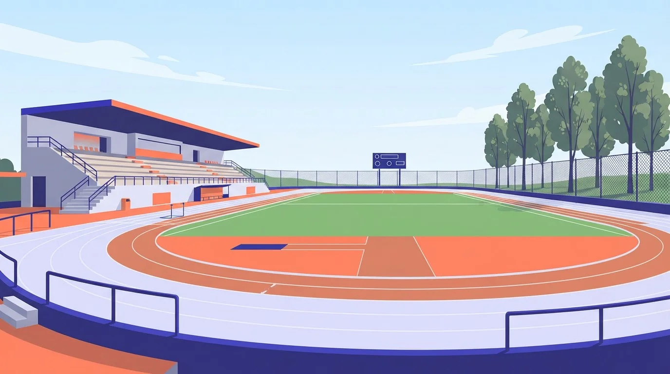 Laufbahn neben einem Sportplatz mit Tribüne und Anzeigetafel.