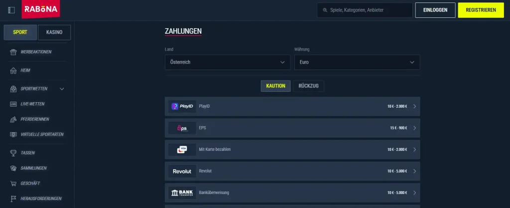 Zahlungsinformationen und Zahlungsmethoden im Rabona-Zahlungsbereich